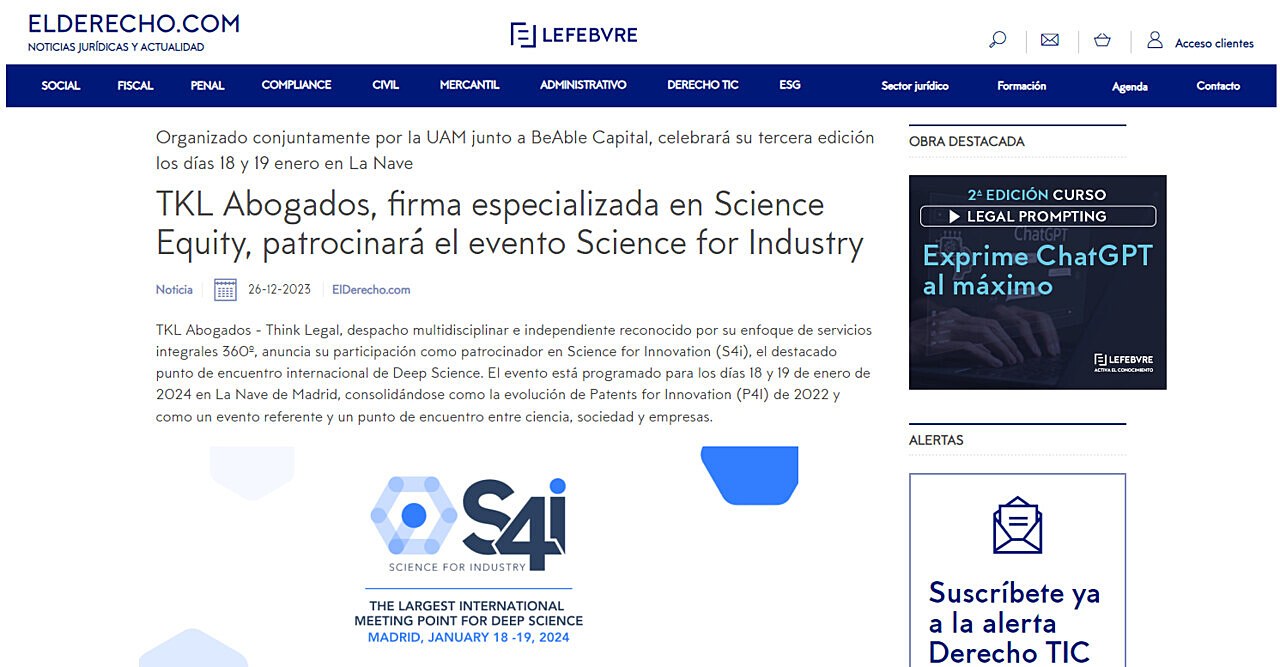 TKL Abogados, firma especializada en Science Equity, patrocinar el evento Science for Industry
